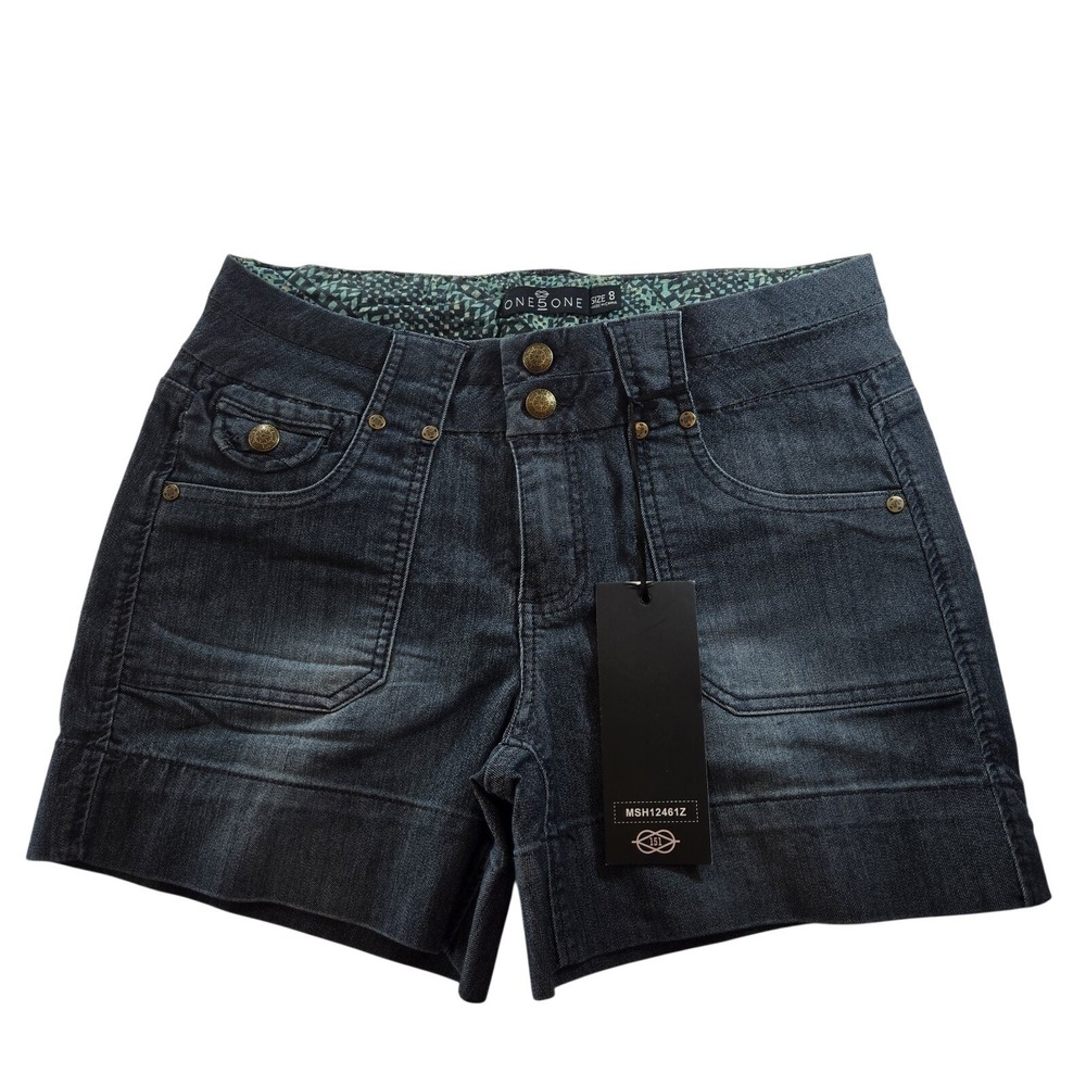 One5One Size 8 Dark Wash Denim Shorts Womens Y2K Double Button Stretch NWT